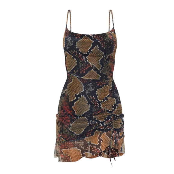 PrettyLittleThing Multi Mesh Snake Print Ruched Bodycon Dress Size 6 NWT - Picture 2 of 11
